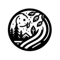 A minimalist black and white circular , depicting a stylized forest scene within a circle featuring mountains, trees, leaves, and flowing lines. vector