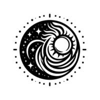 A circular yinyang style illustration in black and white, depicting sun, moon, stars, and waves, with a dotted border, symbolizing balance. vector