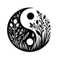 Black and White Yin Yang Featuring Floral Elements, Representing Harmony and Balance, Filled With Botanical Illustrations. vector
