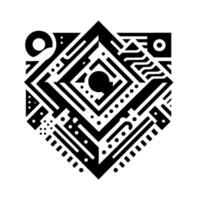 Intricate geometric black and white featuring concentric diamond shape, with dot, line and curved patterns creating a maze effect. vector