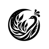 Elegant Black and White Circular Peacock , Incorporating Crescent and Leaf Elements. vector