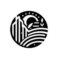 Modern minimalist depicting a stylized cityscape merging with farmland, framed within a circular form, symbolizing harmony. vector