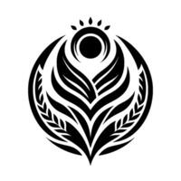 A symmetrical, stylized black and white floral featuring a central sunlike element, surrounded by curving petals and wheatlike accents, contained within a circular form, set against a blank w vector