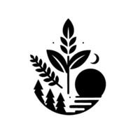A minimalist monochrome nature scene, depicting stylized trees, foliage, sun, moon, and water, representing serenity. vector