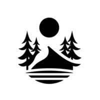 Minimalist Black and White Illustration of a Mountain Cabin with Pine Trees, Sun, and Lakeside Setting. vector