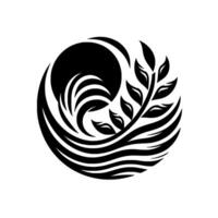 Stylized Black and White Circular Composition A Harmonious Blend of Sun, Waves, and Botanical Foliage. vector