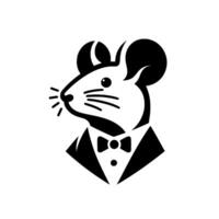 A sophisticated mouse wearing a tuxedo and bow tie in a minimalist monochrome illustration, exuding elegance and charm against a white background. vector