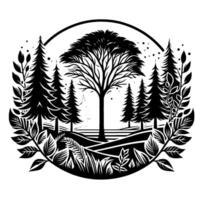 Black and White Forest Scene with Circular Frame A stylized illustration featuring tall trees, a large tree with intricate branches, and surrounding foliage. vector