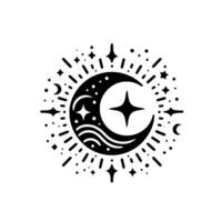 Celestial emblem of crescent moon, fourpointed star, and radiating bursts, adorned with celestial elements. A minimalist, geometric on white. vector