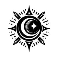 Celestial Emblem A symmetrical black and white features a crescent moon with star, surrounded by radiant sunburst, geometric details. vector