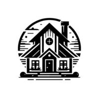 Vectorized Black and White Cabin Illustration, Set in a Circular Landscape, Featuring a Chimney and a Cross Symbol. vector