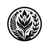Abstract Black and White Floral Mandala A symmetrical arrangement featuring stylized leaves, branches, and dots enclosed within a circular frame, symbolizing growth and harmony. vector