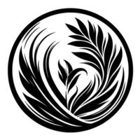 Elegant, flowing black and white floral enclosed in a circular frame, evoking a sense of graceful movement and natural beauty. vector