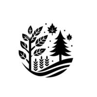 A Minimalist Black and White Nature Emblem Depicting Trees, Wheat, and Falling Leaves Within a Circular Landscape, Conveying Simplicity. vector