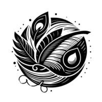 Intricate Black and White Feather Illustration with Circular Arrangement, Geometric Designs, and Detailed Texturing vector