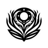A symmetrical, stylized emblem of a floral, celestialinspired featuring a central circle, starlike elements, and layered petallike shapes in black and white. vector