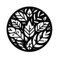 Black Circle with Stylized White Leaves and Foliage Creating an Organic Pattern, Perfect for Logos. vector