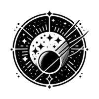 Celestial Navigation A Black and White Geometric Illustration Featuring Stars, Planets, and Radial Lines within a Circular Framework vector