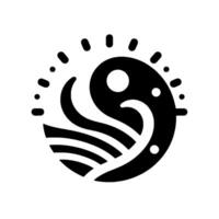 Abstract black and white circular illustration of a stylized oceanic scene, featuring waves, a sunlike burst, and a flowing . vector