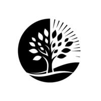 A minimalist black and white tree , bisected within a circle, evokes balance and duality with nature, showcasing the trees stylized leaves and radiating elements on either side. vector