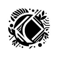 Abstract Black and White Circular Emblem Featuring Geometric Shapes, Leaf Elements, and Dot Accents, on White. vector