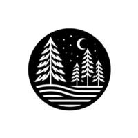 Nightscape Silhouette Forest scene within a black circle, trees and a crescent moon with stars on a white background. vector