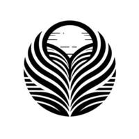 Elegant abstract black and white illustration depicting a stylized floral or feather motif within a circular frame, featuring symmetrical lines and a minimalist aesthetic. vector
