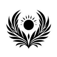 A symmetrical, minimalist black and white illustration featuring a central sunburst enclosed by stylized wings or leaves, creating a sense of balance and harmony. vector