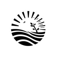 A minimalist black and white circular depicting a rising sun over a stylized landscape with a small tree, bird, and wavy lines. vector