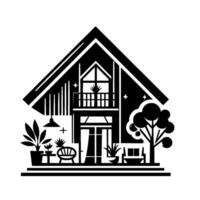 Minimalist Black and White Illustration of a Charming Cottage with Outdoor Decor and Lush Greenery, Creating a Cozy Scene. vector