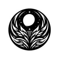 Celestial emblem featuring a stylized crescent moon, stars, and intricate featherlike patterns within a circular frame, evoking elegance. vector