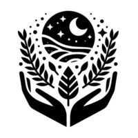 Symbolic Black and White Illustration Hands cupping a leaf, with a moon, stars, fields, and foliage elements, promoting protection and harmony. vector