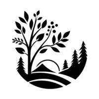 Black and White Nature Silhouette Tree with Berries and Evergreen Trees, Hillscape, Simple on White Background vector