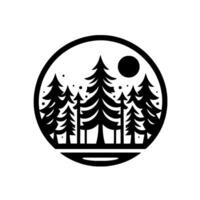 Silhouette of a forest scene within a circle, depicting pine trees under the night sky with a moon, in a minimalist and style. vector
