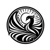 Emblem of a majestic phoenix rising, silhouetted in black against a sunburst within a circular frame. vector