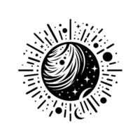 A celestial black and white illustration of a planet, moon, and stars surrounded by cosmic rays, radiating from a central orb. vector