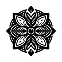 Intricate Black and White Mandala Floral Pattern with Symmetrical Elements, Featuring a Central Eye and Detailed Leaf Shapes. vector