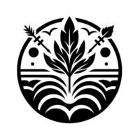 A Bold, Symmetrical Monochromatic Emblem Featuring a Central Leafy Plant, Flanked by Arrows, Within a Circular Frame, Suggesting Nature, Growth and Balance. vector