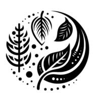 Stylized Black White Nature Illustration Leafy Forms Dots Arranged in a Circle on White Background. vector