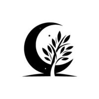A minimalist black and white featuring a stylized tree emerging from a crescent moon, evoking serenity and growth. vector