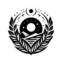 Monochrome Emblem A celestial landscape encapsulated within a laurel wreath, moon, stars, mountains, and stylized leaves. vector