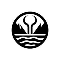 Minimalist black and white emblem featuring abstract treelike shape, mountains, and waves within a circle, evoking nature and balance. vector