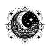 A celestial emblem features a crescent moon and stars within a circle of detailed , evoking a sense of night and mystery. vector