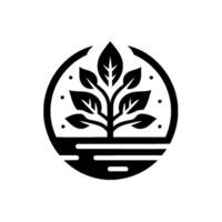 Minimalist Black and White Plant with Leaves Inside a Circle, Illustrating Growth and Nature. vector