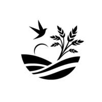 Serene Silhouette A stylized minimalist emblem depicts a flying bird over rolling hills, with wheat, and a crescent sun, rendered in black and white. vector
