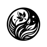 A Yin Yanginspired featuring stylized foliage with leaves and stems in a circular black and white composition. vector