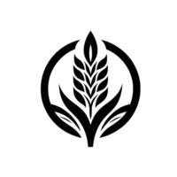 A minimalist black and white emblem featuring a stylized wheat stalk within a circular frame, representing agriculture and natural elements. vector