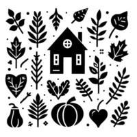 A symmetrical black and white composition featuring a stylized house surrounded by autumn leaves, pumpkins, and hearts, evoking a sense of fall and harvest. vector