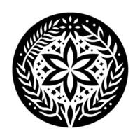 A symmetrical black and white botanical mandala , featuring a central sixpetal flower, surrounding leaves, and geometric accents, all enclosed within a circular frame. vector