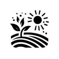 A stylized monochrome illustration of a seedling emerging from a cultivated field beneath a radiant sun, symbolizing growth and the promise of nature. vector